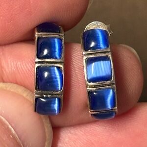 Sterling Silver Blue Cat’s Eye Hoop Earrings – 925